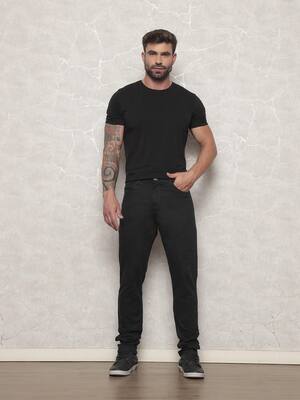 Calça Jeans Masculina Alfaitaria De Sarja Com Lycra Elastano Preto Corte Reto