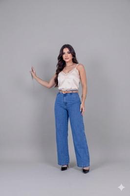 Calça Jeans Wide Leg Feminina Denim White Cintura Alta  Modelagem Premium