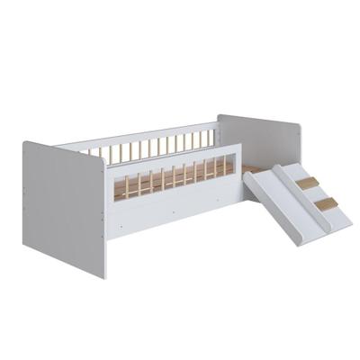 Cama Infantil Montessoriana Affetto Branca com Escorrega e Grade Pinus para Colchão Solteiro