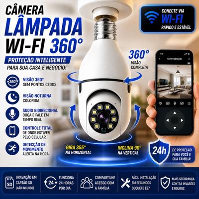 Câmera Lampada Espia WiFi 360 Visão Noturna Giratoria Audio Biredicional Segurança Externa Interna