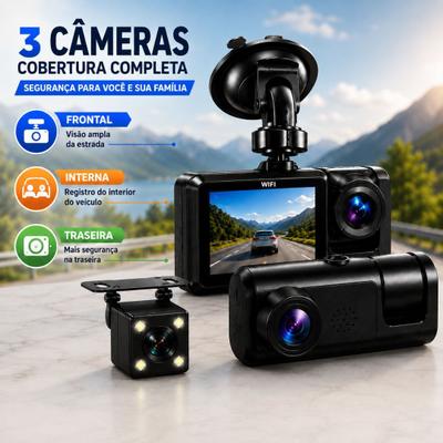 Câmera Veicular DVR 3 Câmeras WiFi Super HD 1296P Frontal Interna Traseira com Sensor