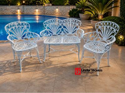 Conjunto de Banco e 2 Poltronas Para Jardim Primavera em Alumínio Fundido Unifer Móveis