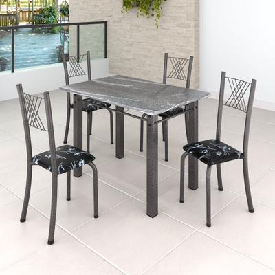 Conjunto Mesa com 4 Cadeiras Tampo de Granito Topázio Sara Yescasa Prata/Preto Floral/Martelado