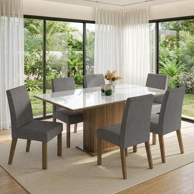 Conjunto Mesa de Jantar Tampo de Vidro 6 Cadeiras Rustic/Branco/Suede Imperial Sofia Madesa