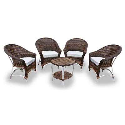 Conjunto Poltronas Jardim Bali Fibra Sintética Alumínio 4 Poltronas e Mesa Centro - Tecido Duna Cru