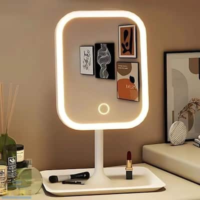 Espelho Maquiagem LED Recarregável 3 Cores de Luzes Touch Linear Ajustável Base Porta Jóias