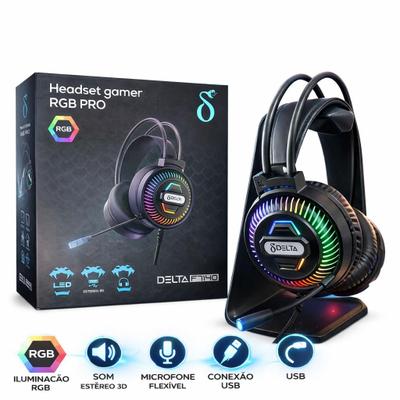Fone de Ouvido Gamer RGB PRO USB com LED e Microfone Alta Qualidade Delta