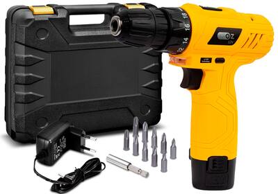 Furadeira Parafusadeira Sem Fio 12v Bivolt Com Bits, Brocas E Maleta