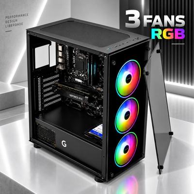 Gabinete Gamer BRX R61b Preto ATX com 3 Fans RGB 120mm para PC