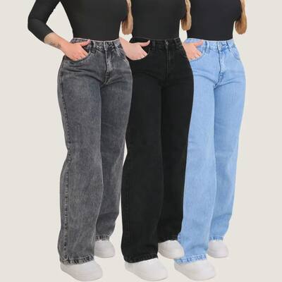 Kit 3 Calça Jeans Wide Leg Pantalona Cintura Alta Jeans