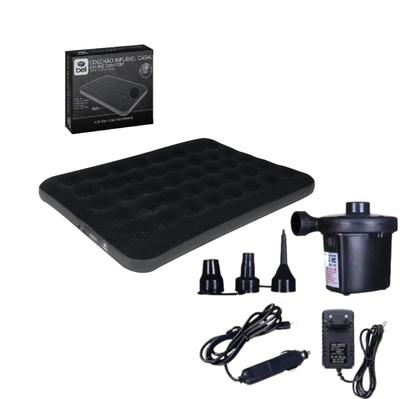 Kit Colchão Inflável Casal Deluxe Preto Bel + Bomba de Ar Elétrica BOM-8911