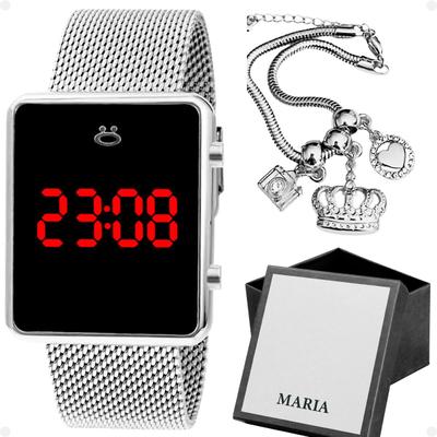 Kit Relógio Feminino Digital Prata Casual Moderno com Caixa Presente Premium e Pulseira Berloques Luxo Tendencia