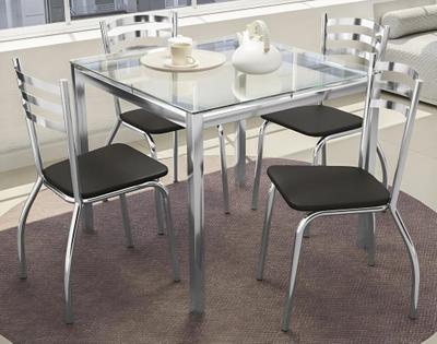 Mesa Com 4 Cadeiras Sala de Jantar Tampo de Vidro Metal Cromado Preto