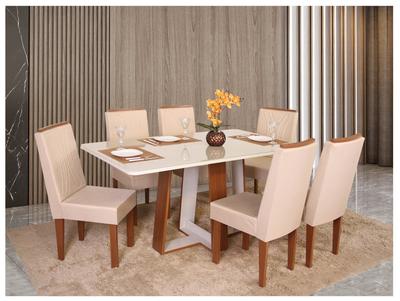 Mesa de Jantar 6 Cadeiras Retangular Naturalle e Off-White Tampo de Vidro Laís Móveis São Carlos