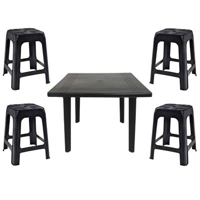 Mesa Quadrada Desmontável de Plástico 90cm Preta + 4 Banquetas Empilháveis