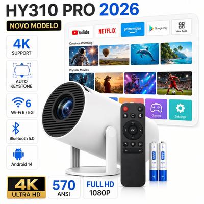 Projetor Inteligente Bivolt Hy310 Pró 2026 Modelo Novo Grande 570 ANSI 1080P 5G Smart 4K Wifi 6 Bluetooth 5.0 Android 14