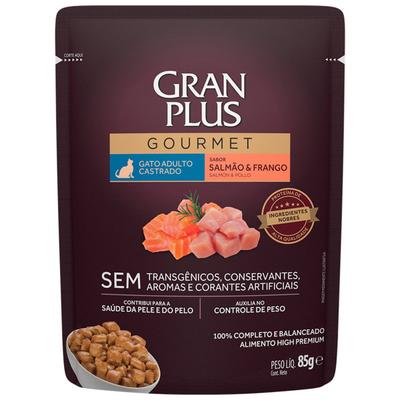 Ração Úmida GranPlus Gourmet Sachê para Gatos Castrados Sabor Salmão e Frango · 85g…