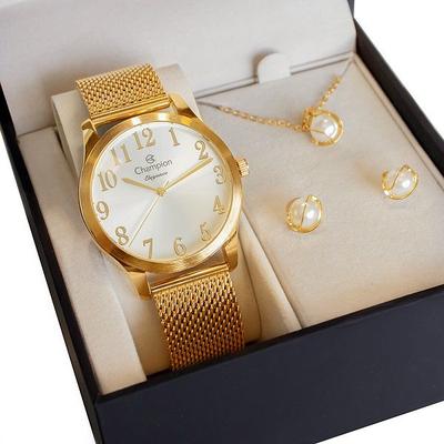 Relógio Feminino Champion Analógico Dourado Pulseira Mesh CN26019B