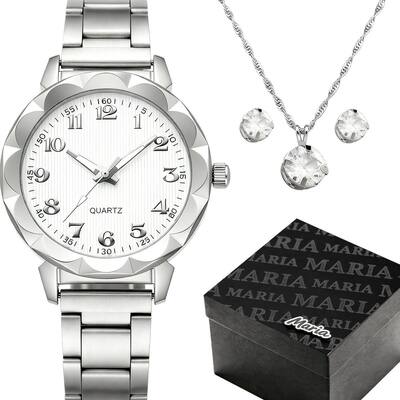 Relogio Feminino Prata Aço Inox + Colar + Brincos analogico ponteiro prata presente social qualidade premium casual