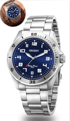 Relógio Orient Masculino Analógico Esportivo Clássico De Pulso Em Aço Inoxidável Com Mostrador Azul Calendário e Efeito Fosforescente Original