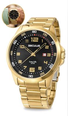 Relógio Seculus Masculino De Pulso Analógico Quartz Esportivo Casual Dourado Aço Inoxidável Com Fundo Preto A Prova Dágua em 50 Metros Original