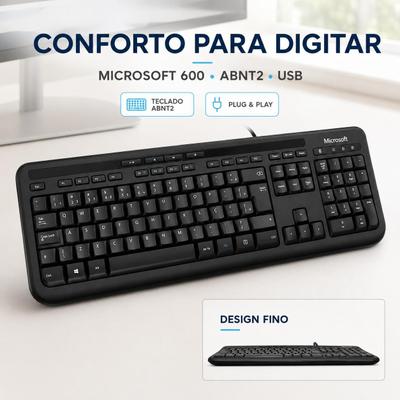 Teclado Microsoft 600 ABNT2 USB Original Preto Resistente Confortável PC
