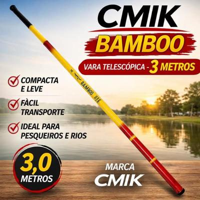 Vara Telescópica 3m CMIK Bamboo Leve 84g Fibra Carbono Super Resistente Pesca Pesqueiro
