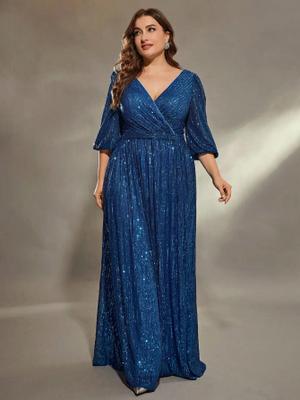Vestido De Festa plus Size Com Decote Em V E Lantejoulas, Manga Média, Estilo A, Para Formatura E