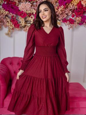 Vestido Midi Acinturado Decote V Manga Longa Malha Lese Festa