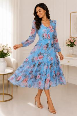 Vestido Midi Feminino Tule Floral Forrado Manga Longa Festa Casual Evangélico