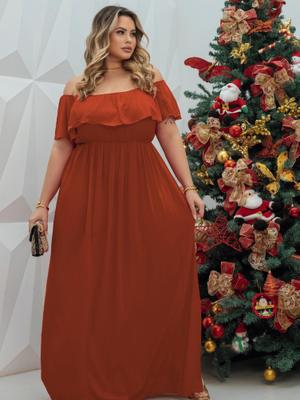 Vestido Terracota Longo Plus Size Fenda Lateral Ombro a Ombro Madrinhas Casamento Festa