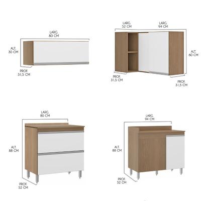 Armário de Cozinha Completa de Canto 100% MDF 448cm Branco/Rustic