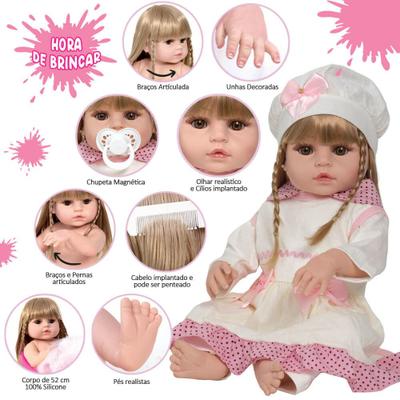 Boneca Bebê Reborn 100% Silicone Realista Linda 13 Itens