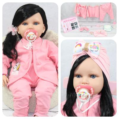 Boneca bebe reborn morena com cilios roupa rosa 16 itens