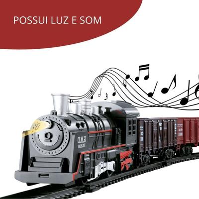 Pista Trem Locomotiva Infantil c/ 2 Vagoes Som e Luz dm Toys