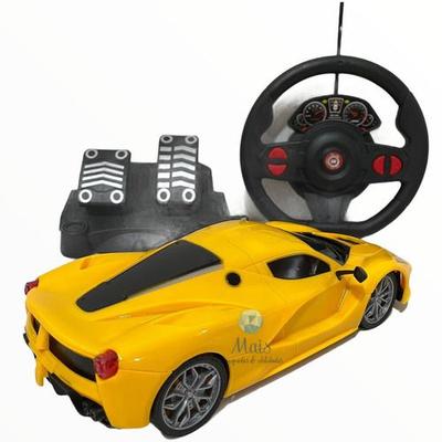 Carro Carrinho Controle Remoto Grande Amarelo Volante Pedal Luz