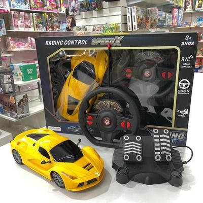 Carro Carrinho Controle Remoto Grande Amarelo Volante Pedal Luz