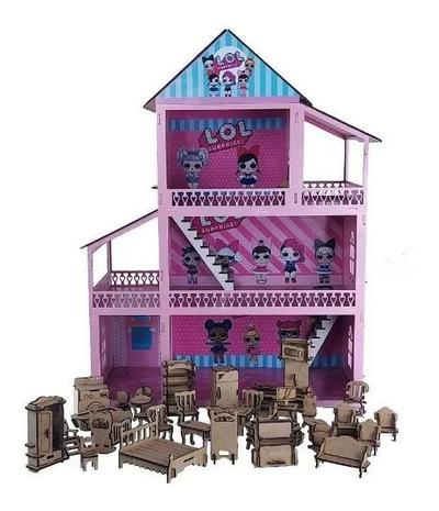 Casinha De Boneca Barbie Mdf Pintada Adesivada + 43 Móveis cru - A