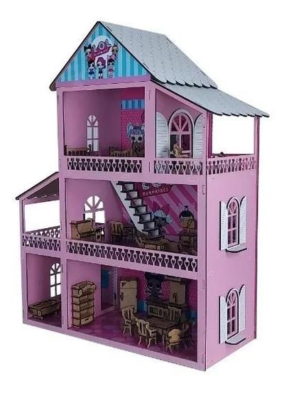 Casinha De Boneca Polly Mdf Pintada Adesivada 43 Móveis cru