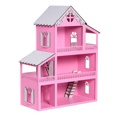 Casinha De Boneca Barbie Mdf Pintada Adesivada + 43 Móveis Brancos