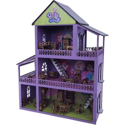 Casinha De Boneca Polly Mdf Pintada Adesivada 43 Móveis cru