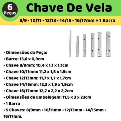 Jogo De Chave de Vela Carro Moto 5 Peças e Barra 8 á 17