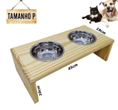 Comedouro Duplo Para Cachorro E Gato Pinus Com Pote Inox - G