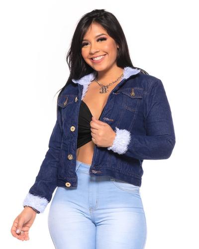 Jaqueta Jeans Feminina Azul Escura Forrada Com Pelinhos
