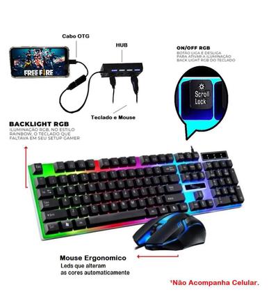 Teclado Mouse C/ Fio Mobilador P/ Celular Jogar Free Fire