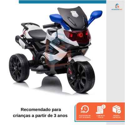 Mini Moto Elétrica Triciclo Criança Infantil Bateria Policia