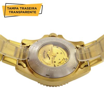 Relógio Magnum Automático Masculino Dourado Ouro 2 anos de garantia  MA33988H + carteira Lebrave no Shoptime