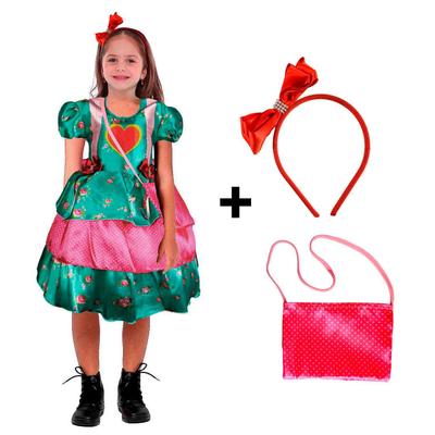 Vestido Infantil de Festa Junina Xadrez Rosa & Corações + Bolsinha