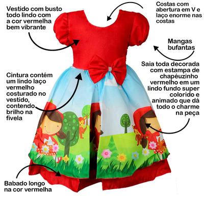 Vestido festa infantil da chapeuzinho vermelho e capa vermelha