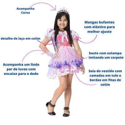 VESTIDO INFANTIL PRINCESA SOFIA LILÁS BUSTO JEANS C/ LAÇO P/ CABELO